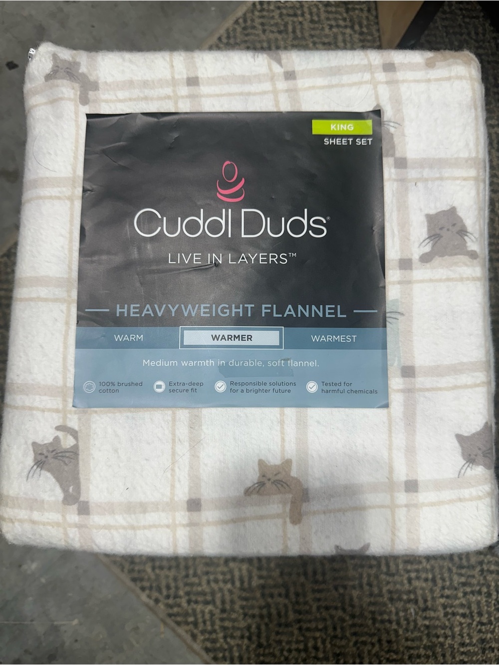NEW Cuddl Duds King Size Heavyweight Flannel Cat Sheet Set